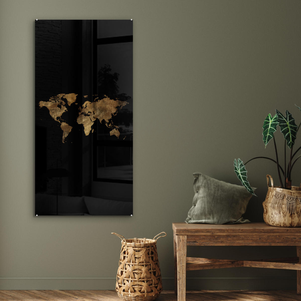 ACRYLGLASBILD Weltkarte - Gold - Luxus - Erde - Schwarz 60x120 cm - Goldfarben, Glas (60/120cm) - MuchoWow