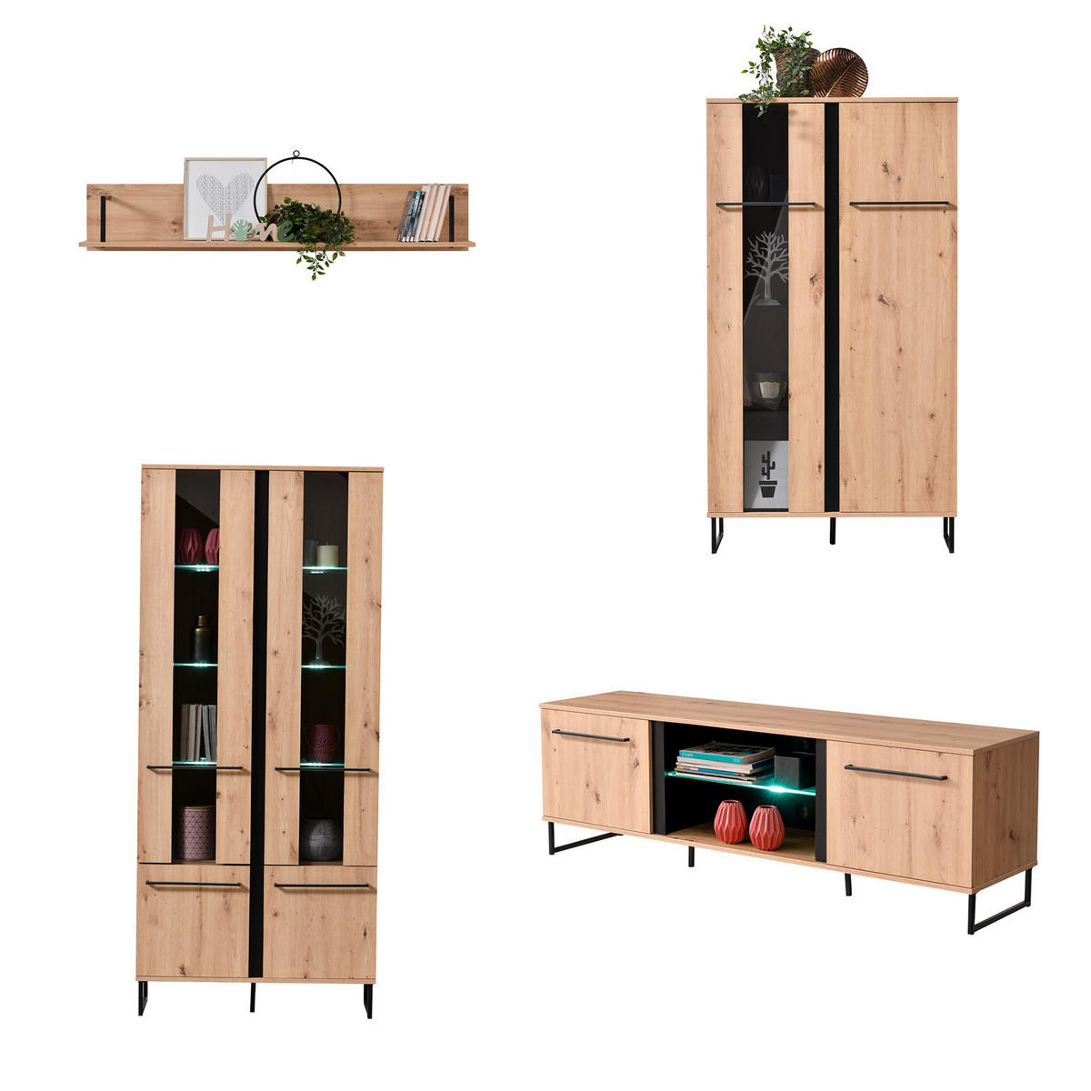 WOHNWAND 339/193/42 cm in Eiche Schwarz - Braun, Holz (339/193/42cm) - Homestyle4u