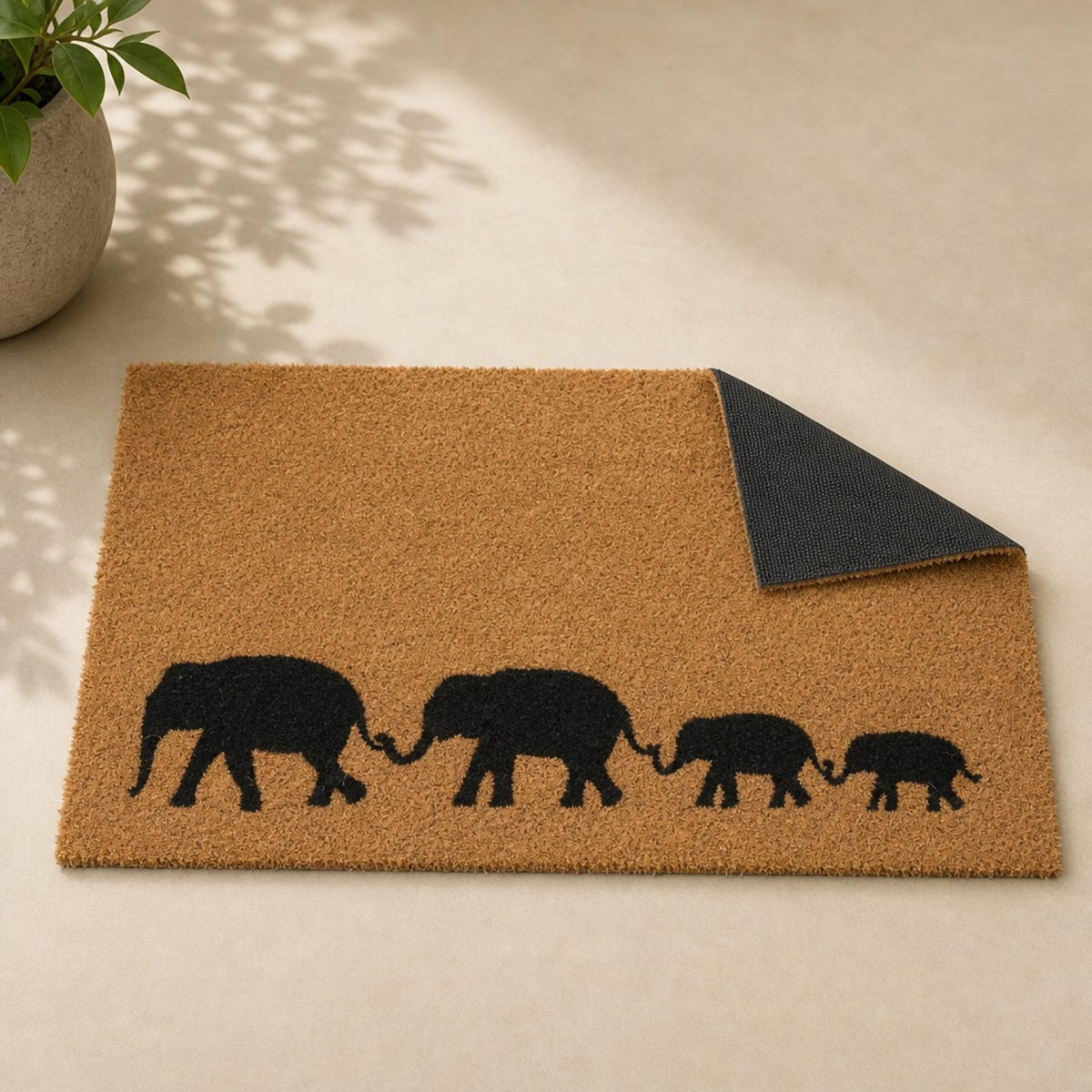 FUSSMATTE Natur Schwarz Kokosfaser Elefantenmotiv - Hellbraun, Kunststoff/Textil (60/40cm) - Relaxdays
