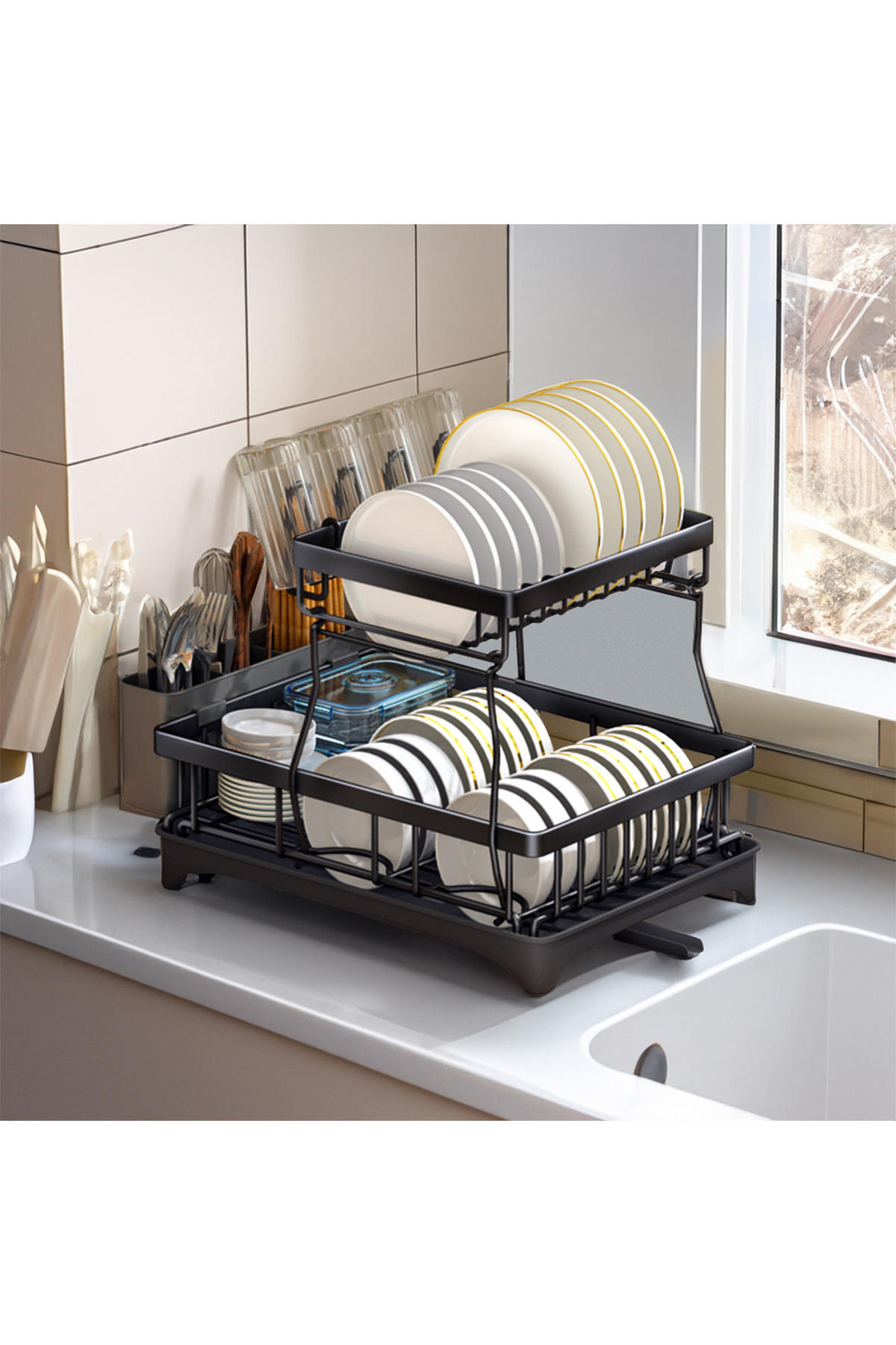 GESCHIRRABTROPFGESTELL 2-stufige aus Kohlenstoffstahl mit Besteckhalter aus PP und einem Becherhalter 49 x 30 x 34 cm - Schwarz, Metall (49/43/30cm) - Livingandhome