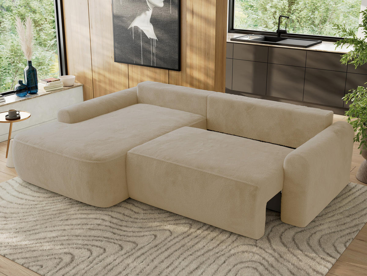 ECKSCHLAFSOFA CUBO L Creme Plüsch - links - Creme/Schwarz, Kunststoff/Textil (273/187cm) - MKS