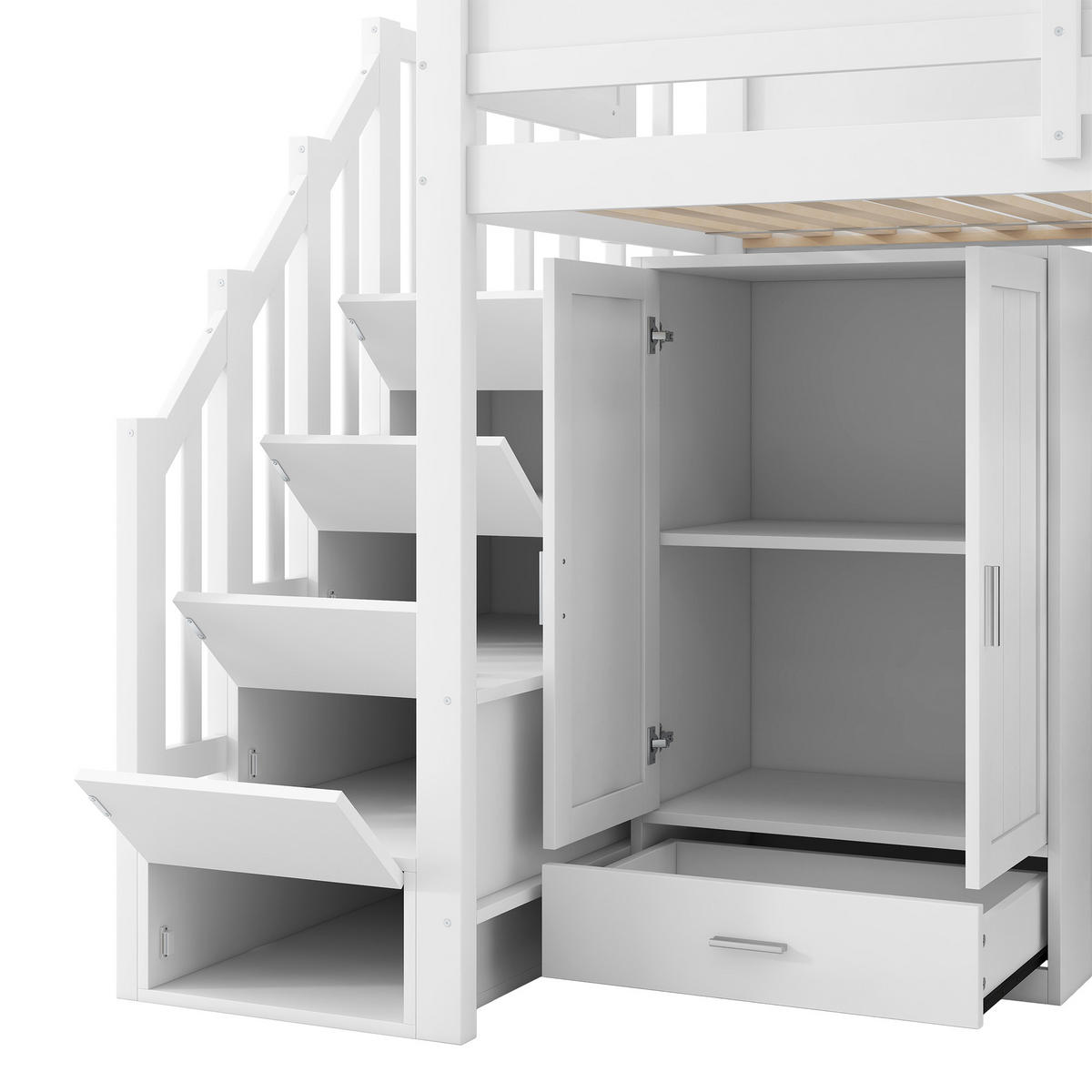 HOCHBETT 90/200 cm in Weiß mit Schreibtisch, Regal, Kleiderschrank, Stauraumtreppe und LED - Weiß, Holzwerkstoff (90/200cm) - STILVORA