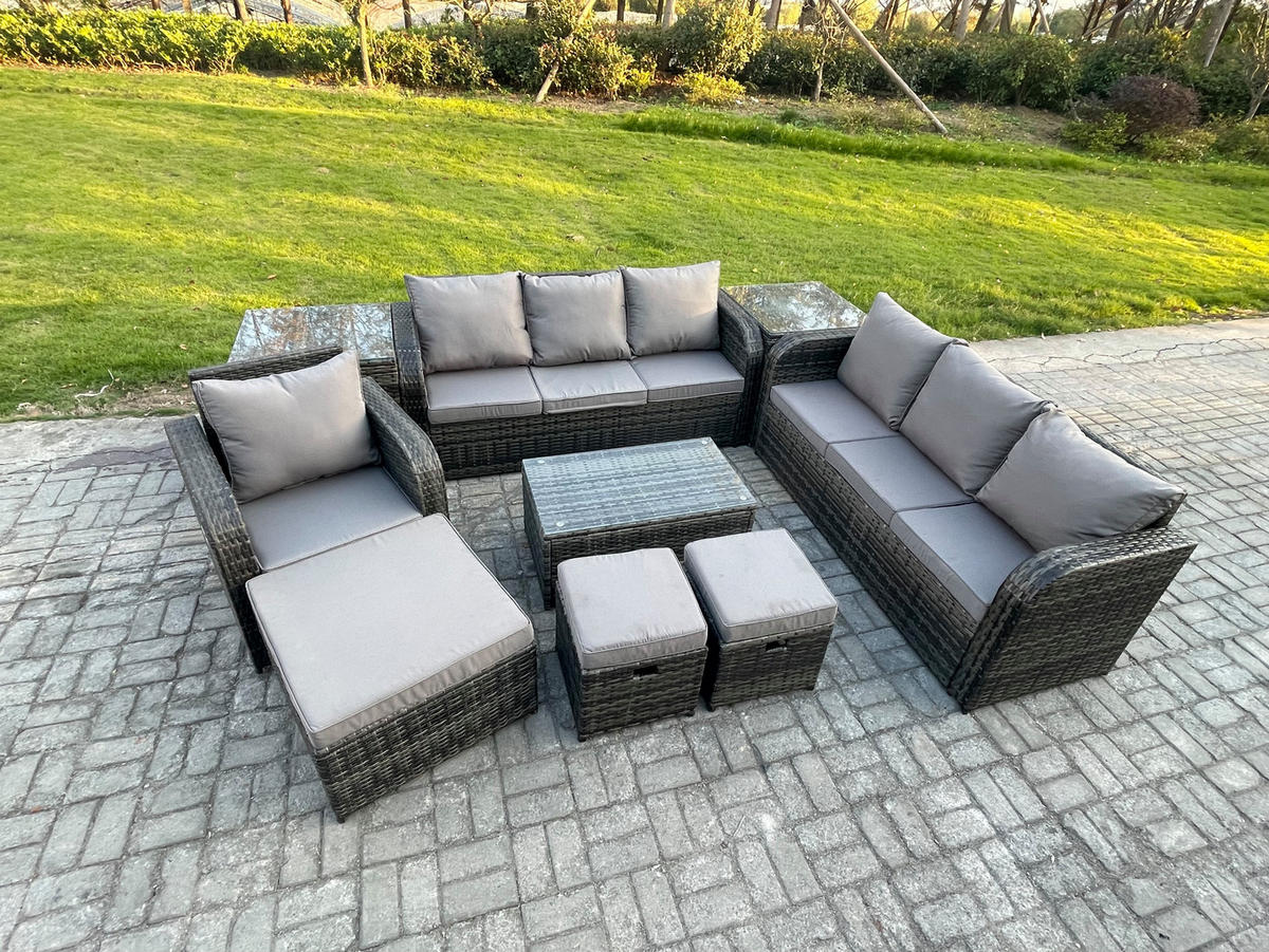 GARTENMÖBEL-SET mit Kissen Polyrattan Dunkelgrau 10-Sitzer - Dunkelgrau/Grau, Glas/Kunststoff - Fimous