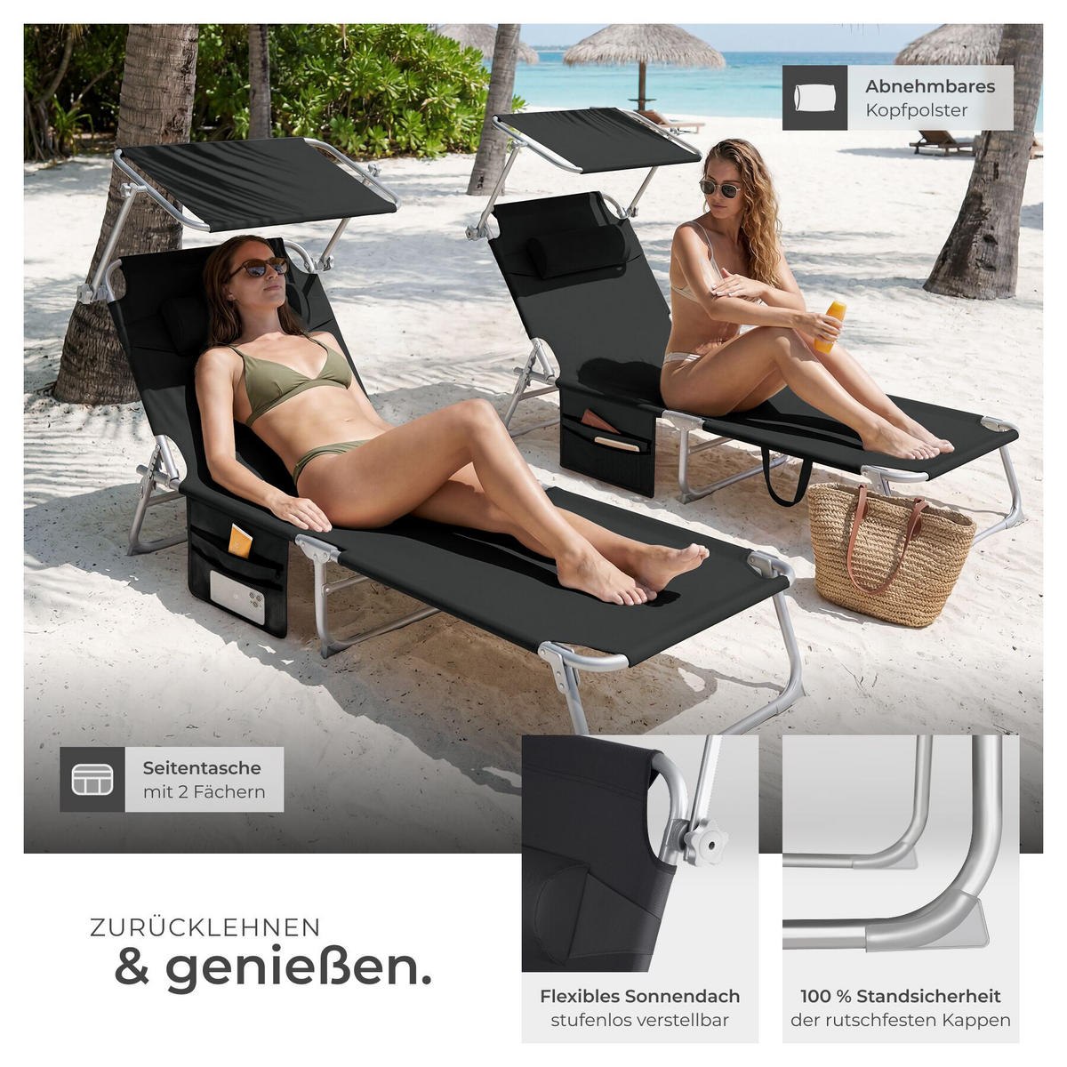 SONNENLIEGE 2er Set Chloé, 190 x 68 x 111 cm, mit Seitentasche, schwarz - Schwarz, Kunststoff (68/111/161cm) - tectake