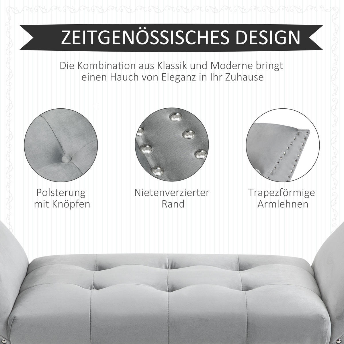 BETTBANK für Schlafzimmer, Wohnzimmer, Flur, Gummiholz, Hellgrau - Hellgrau, Kunststoff (46/56/114cm) - HOMCOM