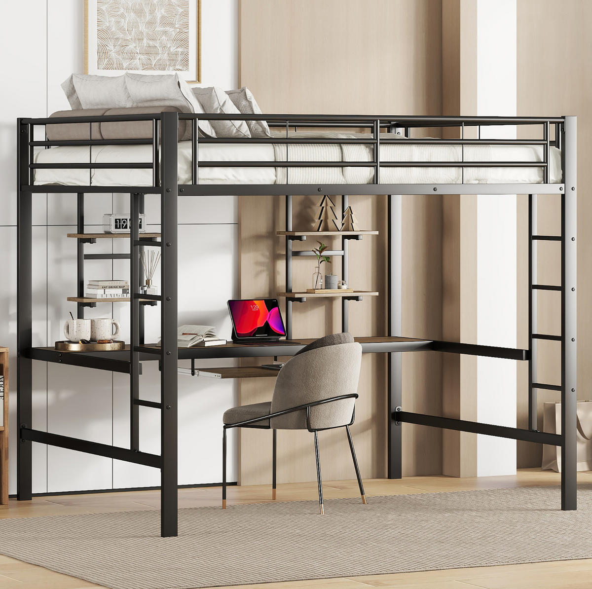 HOCHBETT 140/200 cm Schwarz aus Metall mit Schreibtisch und 2 Regalen - Schwarz, Metall (140/200cm) - OKMYHOME