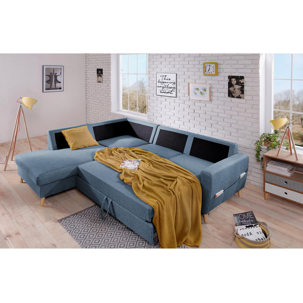 ECKSOFA mit Ottomane - Webstoff - Hellbraun/Grau, Holz/Textil (230/200cm) - home24