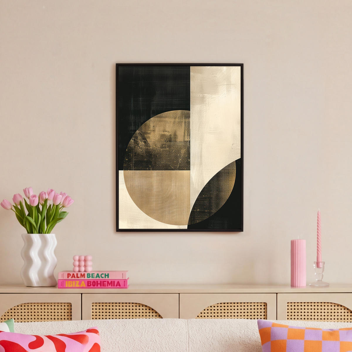 LEINWAND Bilder mit Rahmen - Abstrakt - Geometrische Formen - Schwarz - Gold - 50x70 - Ecru, Textil (50/70cm) - MuchoWow