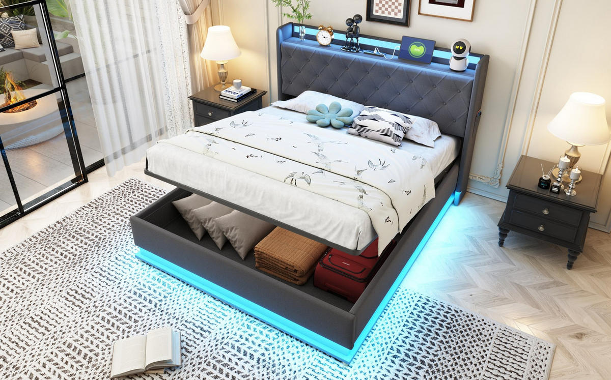 POLSTERBETT 140/200 cm Grau aus Stoff mit LED-Beleuchtung und Bettkasten - Grau, Textil (140/200cm) - OKMYHOME
