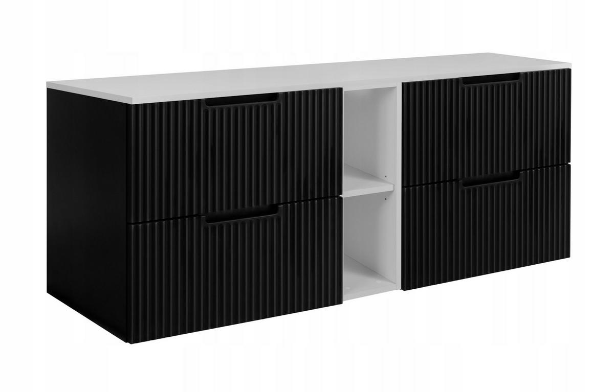 WASCHBECKUNTERSCHRANK VENA 140 cm mit Arbeitsplatte Farbe: Mattweiß mit einem Regal Gerillte Vorderseite Matt schwarz - Schwarz/Weiß, Holzwerkstoff (140/58/46cm) - Rodan