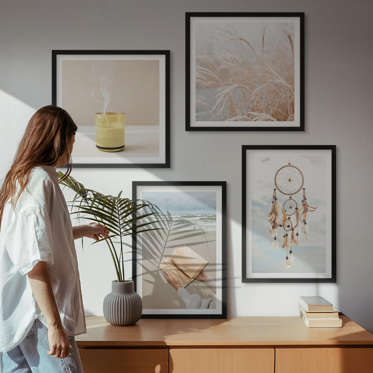 BILDER SET 4er Set - 50x50 cm & 40x60 cm Schwarzer Rahmen - Sommerlandschaften im Boho-Stil - Schwarz, Kunststoff (50/50cm) - TULUP