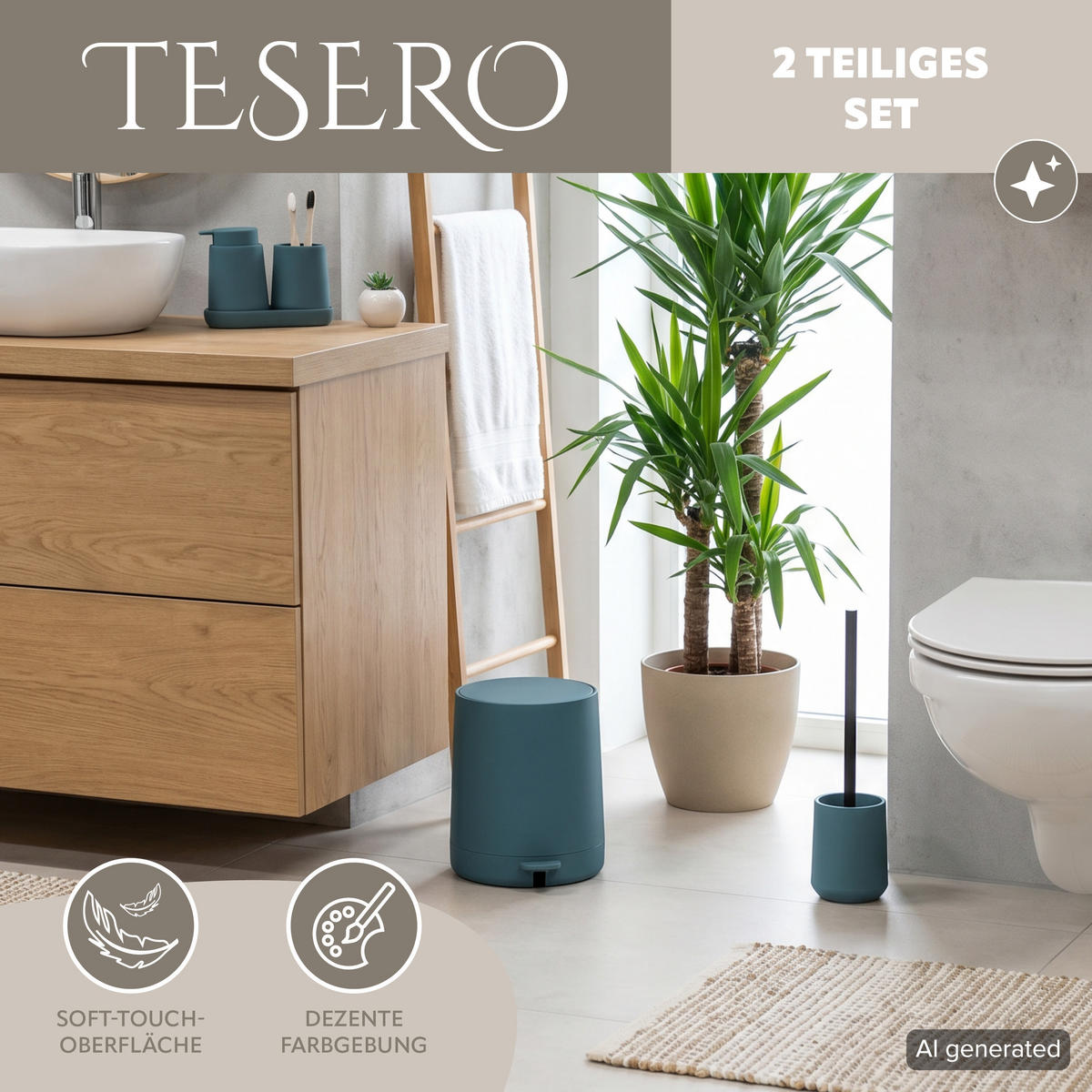BAD-ACCESSOIRES-SET TESERO, Soft-Touch, blau - Blau, Kunststoff (22.5/25.5/25cm) - eluno