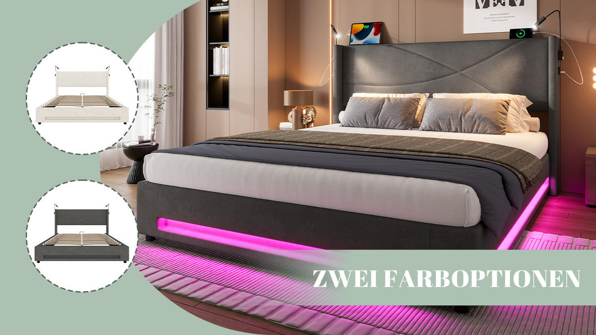 POLSTERBETT 160x200 cm LED USB Stauraum - Grau, Textil (160/200cm) - LEBENLANG