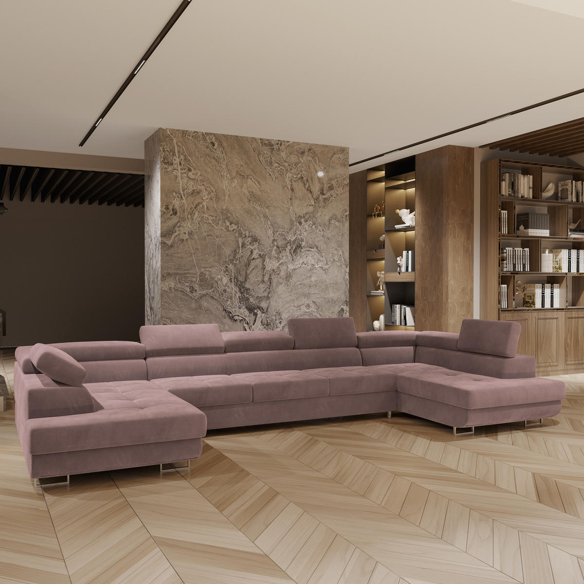 WOHNLANDSCHAFT ISOLANO Lila Velours-Stoff mit Schlaffunktion - Lila, Holz (408/90/202cm) - MASSENO