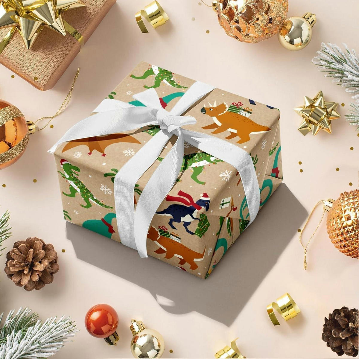 GESCHENKPAPIER Rolle Weihnachtsdinosaurier 43,2 cm x 10 m Kraftpapier - Multicolor, Papier (43.2/1/1000cm)