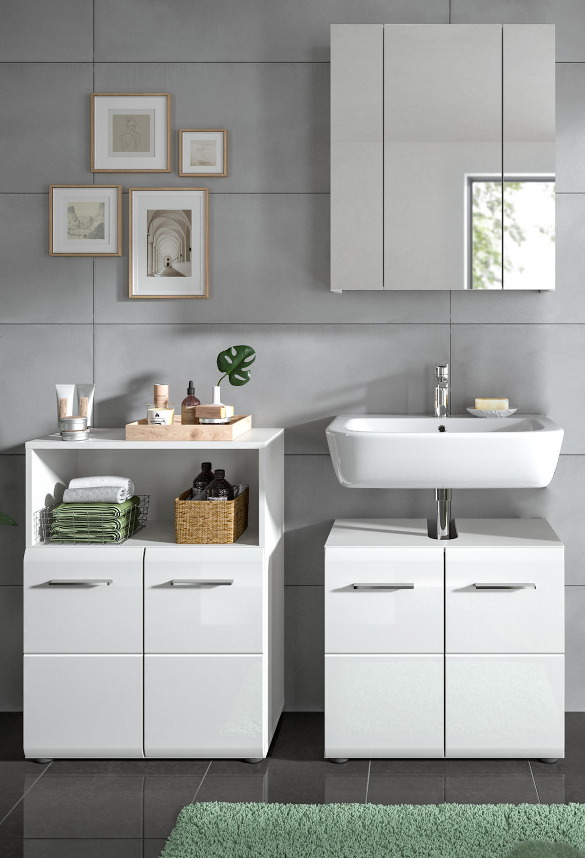 BADMÖBEL SET 3-teilig in weiß Hochglanz Badkombination 135 x 185 cm Cover - Weiß Hochglanz/Silberfarben, Holzwerkstoff/Kunststoff (135/185/30cm) - Inn.Furn