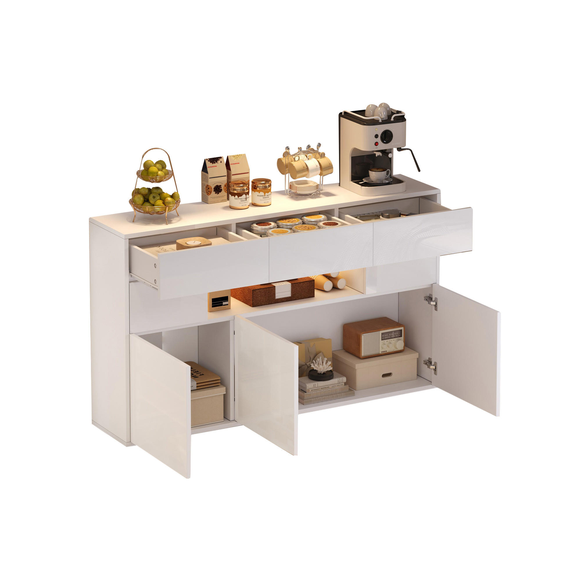 KOMODA 140/30/82 cm od MDF-a s 3 ladice, 5 ormarića i LED rasvjetom, visoki sjaj, Bijela - bijela/bijela visoki sjaj, drvni materijal (140/82/30cm) - Redom