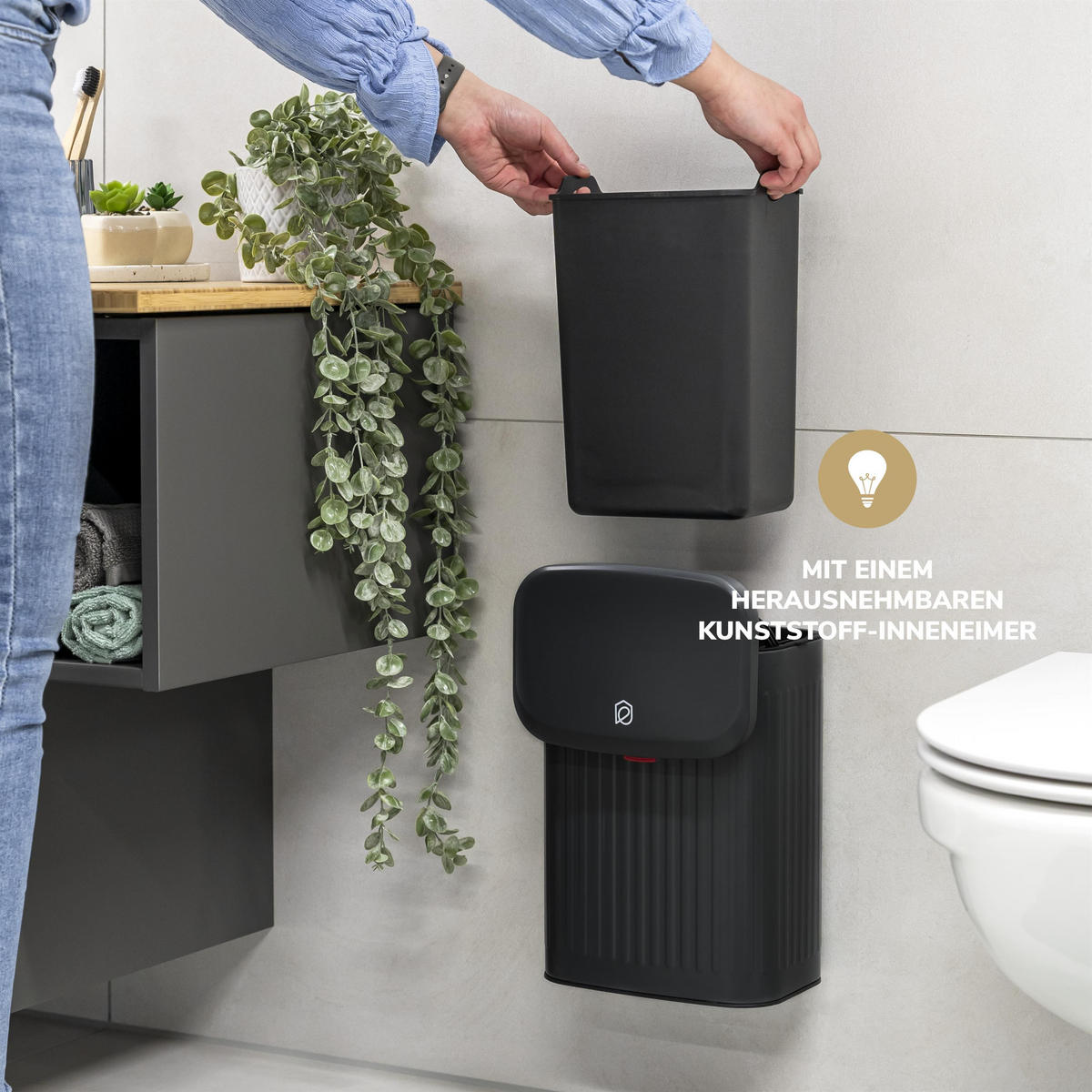 ABFALLEIMER Metall, 6 Liter schwarz - Schwarz, Metall (22.5/31/16.5cm) - eluno