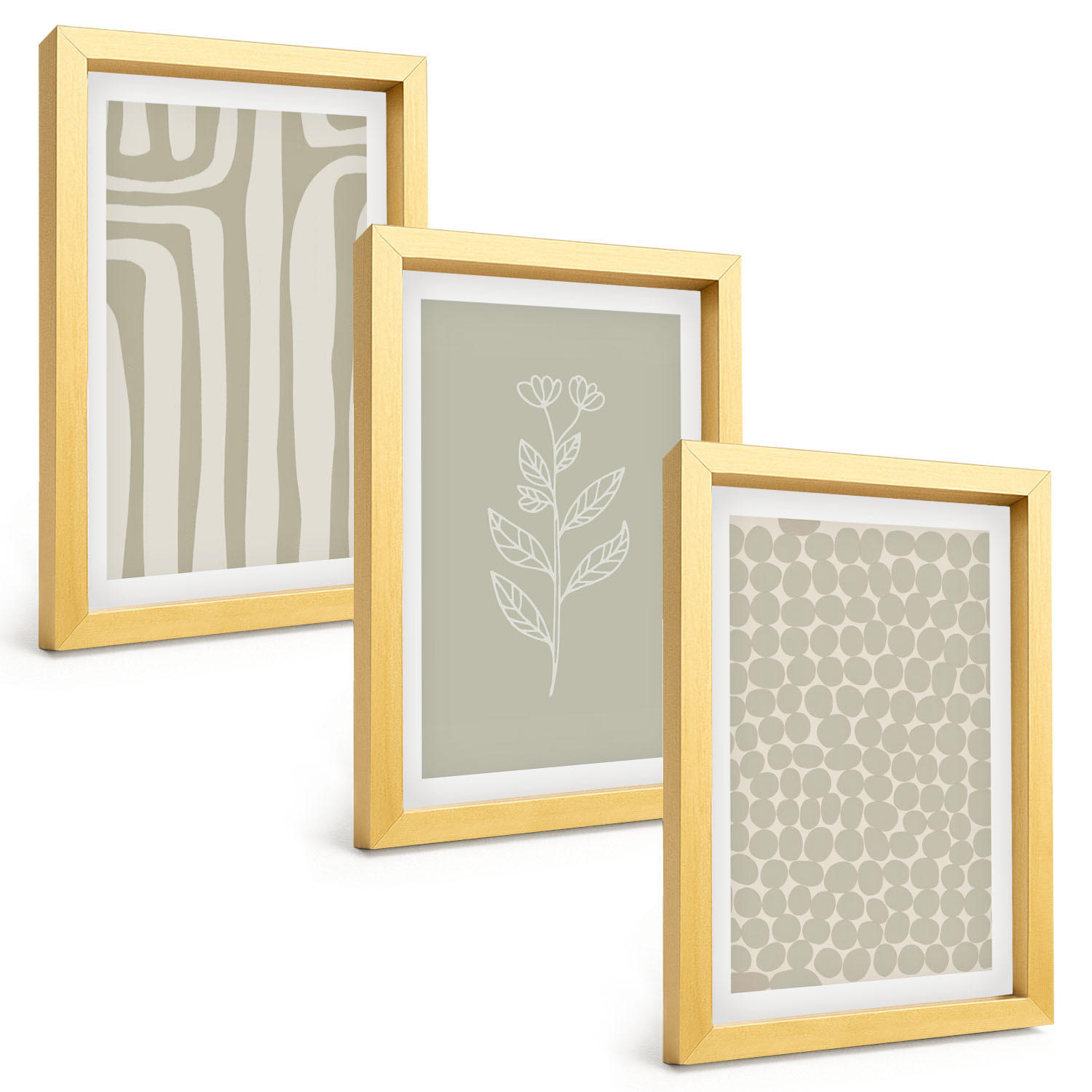 BILDER SET 3er Set - 20x30 cm Goldrahmen - Geometrische Pflanzenmuster - Goldfarben, Kunststoff (20/30cm) - TULUP