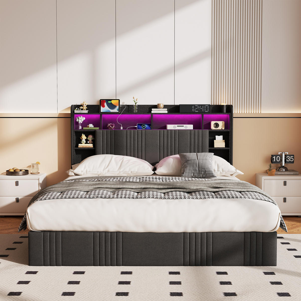 MODERNES POLSTERBETT 160x200 cm mit Stauraum, LED RGB und integrierter Ladestation – Dunkelgrau Leinen - Grau, Holz - SHOPENTRA