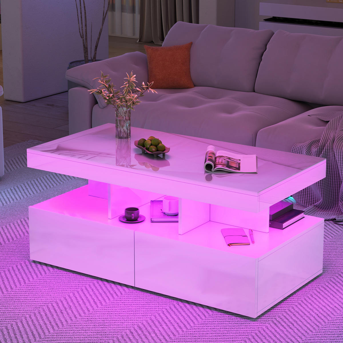 COUCHTISCH WEISS MIT LED Hochglanz, 2 Schubladen, Modern Wohnzimmer - Weiß, Stein (104/53/46cm) - CASIVA