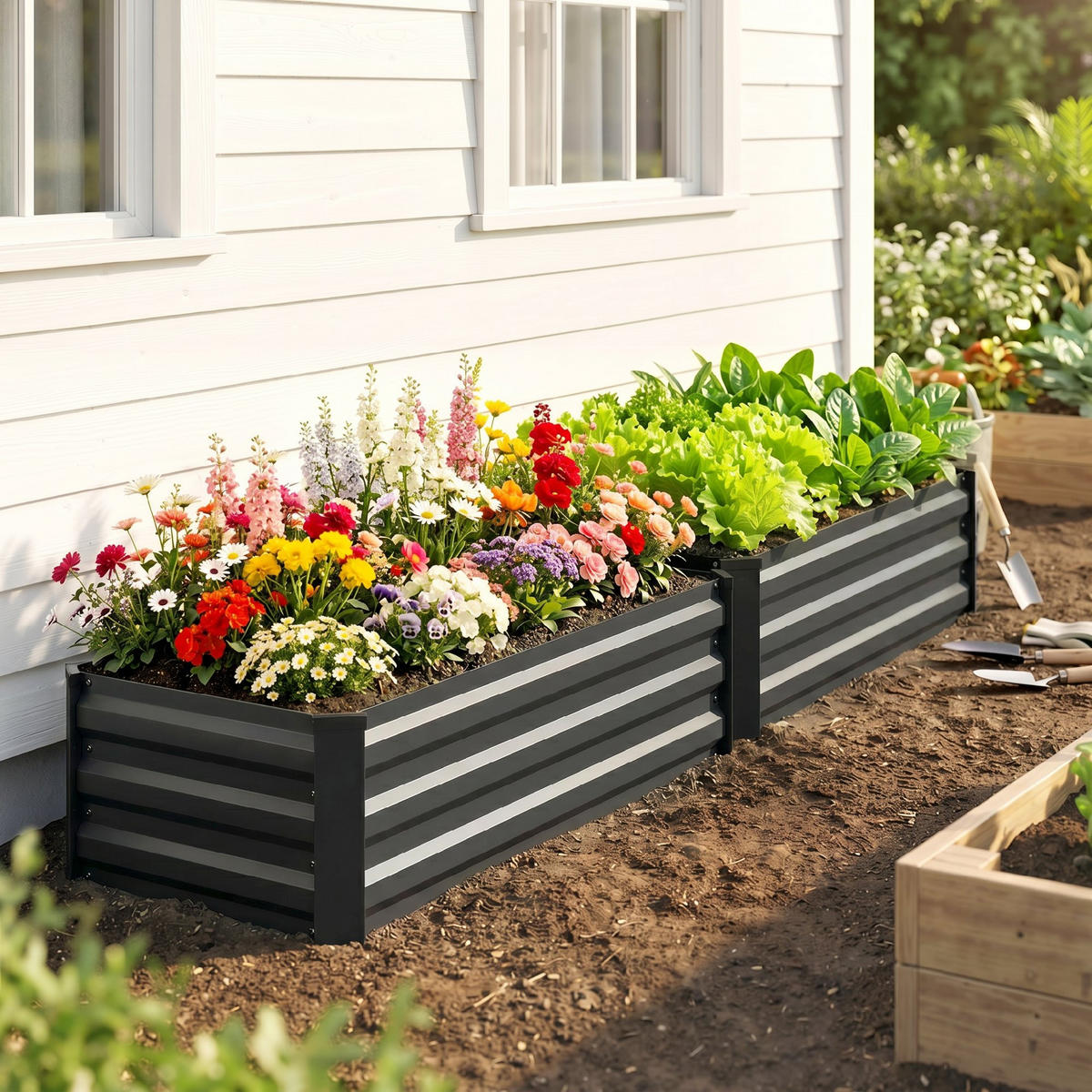 HOCHBEET 2er-Set für Terrasse, Balkon, verzinkter Stahl, Dunkelgrau, 100 x 60 x 30 cm - Dunkelgrau, Metall (60/30/100cm) - Outsunny