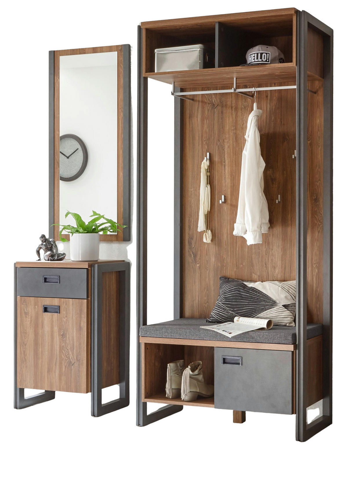 GARDEROBEN-SET 3-teilig, Eiche Stirling, grau, Garderobenkombination 155 x 202 cm - Eichefarben/Grau, Holzwerkstoff/Metall (155/202/45cm)