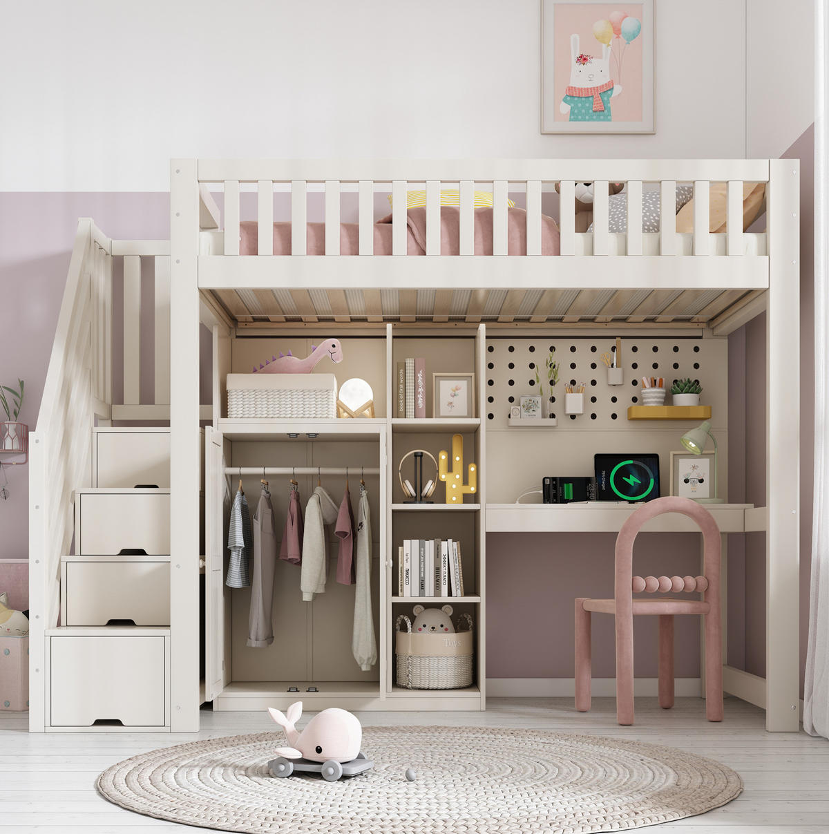 HOCHBETT 90/200 cm Weiß mit Schreibtisch, Kleiderschrank und Stauraum - Weiß, Holz (90/200cm) - MIVRAY