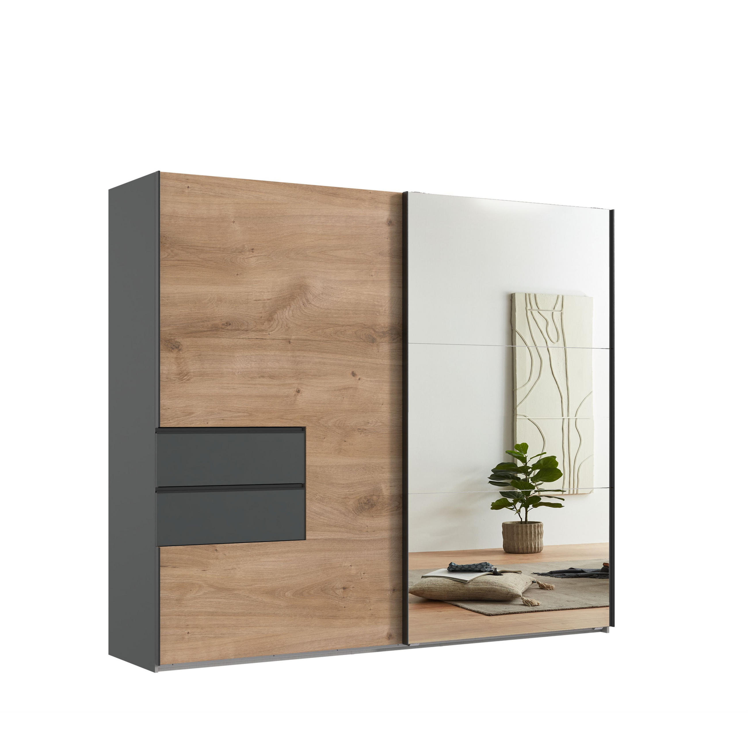 SCHWEBETÜRENSCHRANK 2-türig B250/H216/T65 cm, Korpus & Schubladen Grafit, Türen Eiche Dekor / Spiegel, Kleiderschrank inkl. Vollausstattung / 22051 - Eichefarben/Bordeaux, Holzwerkstoff/Metall (250/216/65cm) - luma-home