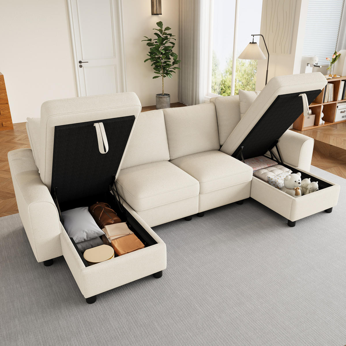 ECKSOFA U-Form 280/137/84 cm Beige mit 2 Chaiselongues als Ecksofa und aufklappbarem Stauraum - Beige, Textil (137/84/280cm) - Oxeza