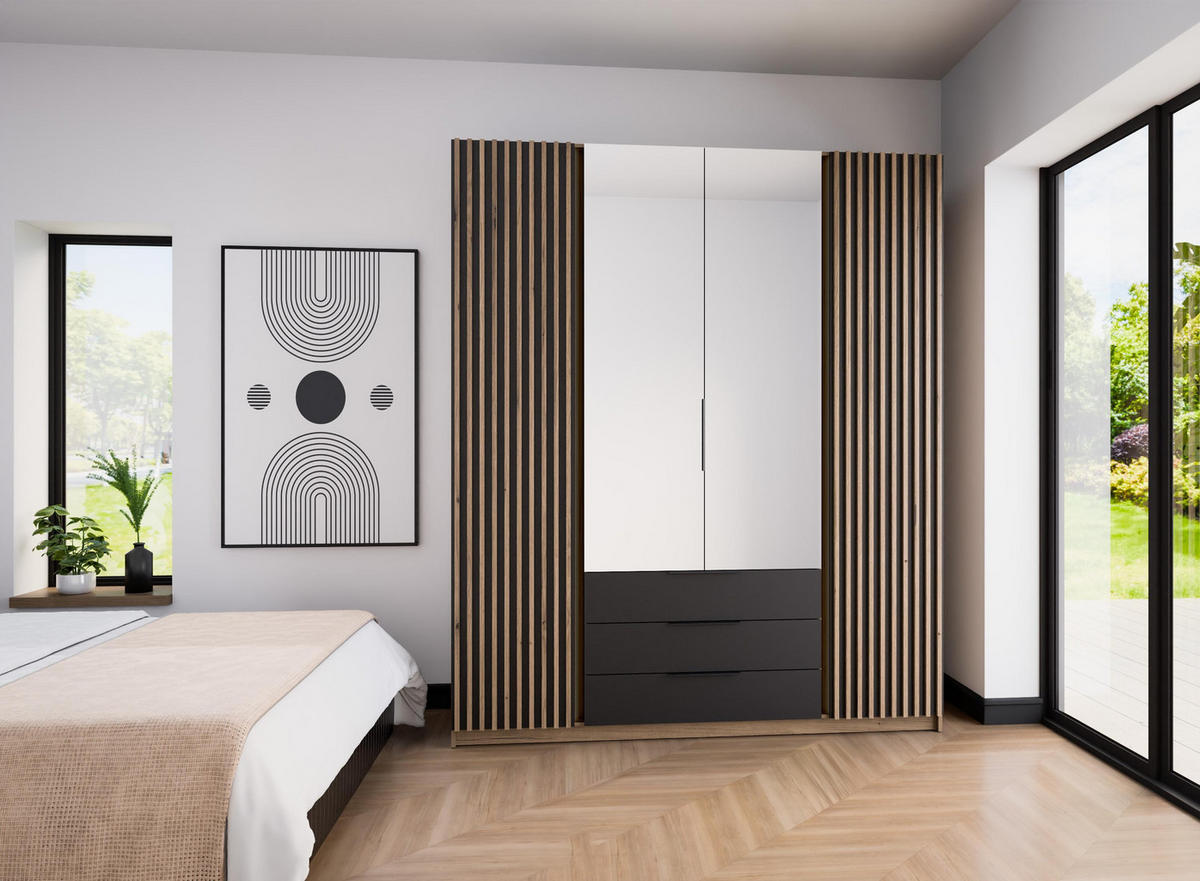 KLEIDERSCHRANK Nehir Korpus Eiche Evoke, Front Schwarz/Eiche Evoke 200 cm - 4T3S Modern mit Schubladen, Lamellentüren außen und Spiegeln mittig - Eichefarben/Schwarz, Holzwerkstoff/Kunststoff (200/239/61.9cm) - AX Living