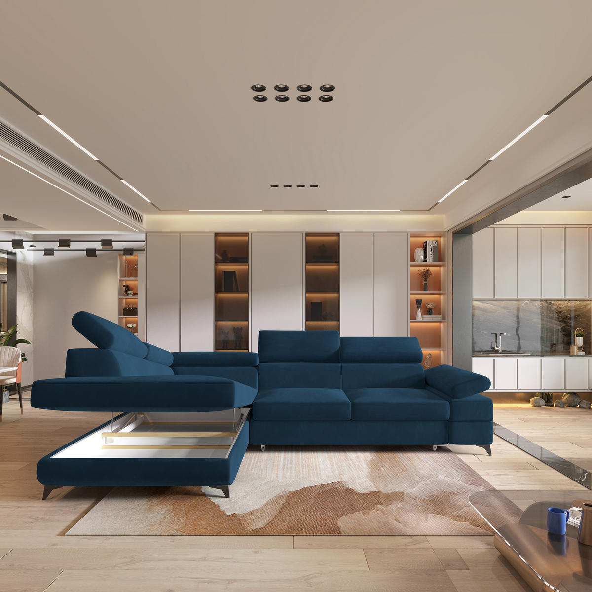 ECKSOFA FAVIEN L-S Blau Velours-Stoff mit Schlaffunktion - Blau, Holz (257/190cm) - MASSENO