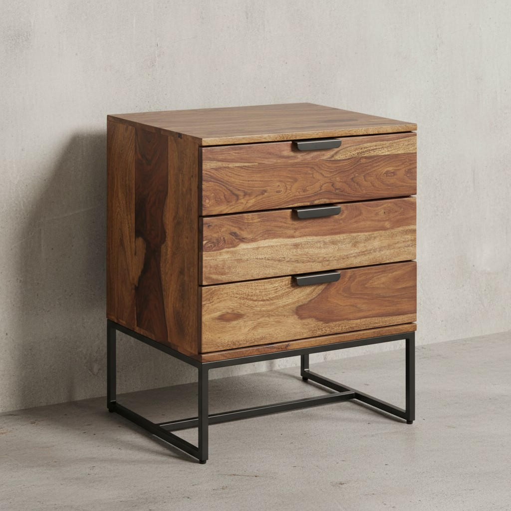 NACHTTISCH – Massivholz/Eisen, 50x40x65 cm, 3 Schubladen, Industrial-Stil - Schwarz/Braun, Holz/Metall (50/65/40cm) - KADIMA DESIGN