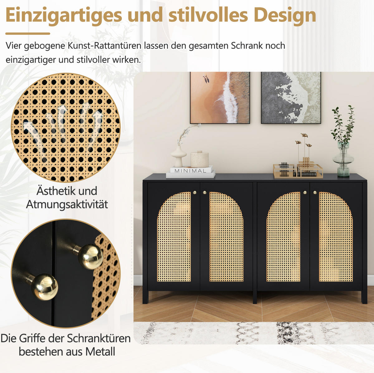SIDEBOARD 145/80/40 cm Schwarz aus MDF mit 4 Rattantüren - Schwarz, Holzwerkstoff (80/40/145cm) - OKMYHOME