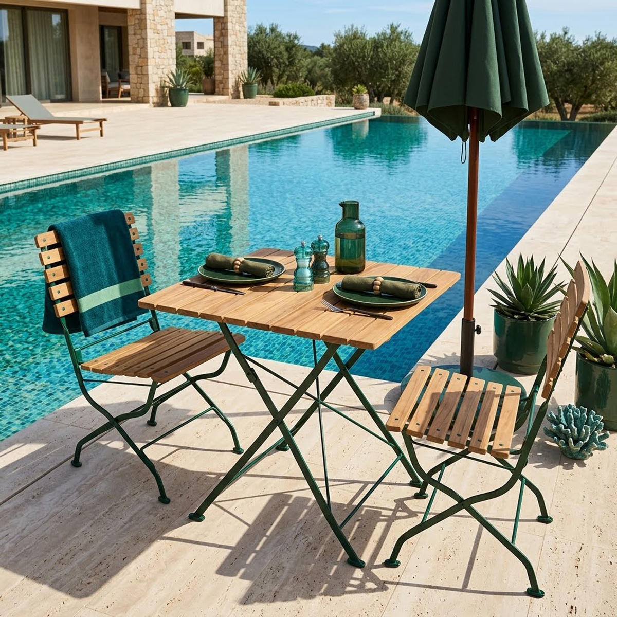 BISTRO Set Genf - Gartenmöbel Garten-Garnitur 3-teilig, Sitzgruppe für 2 Personen - Flachstahl Robinienholz dunkelgrün - Grün, Holz - TPFGarden
