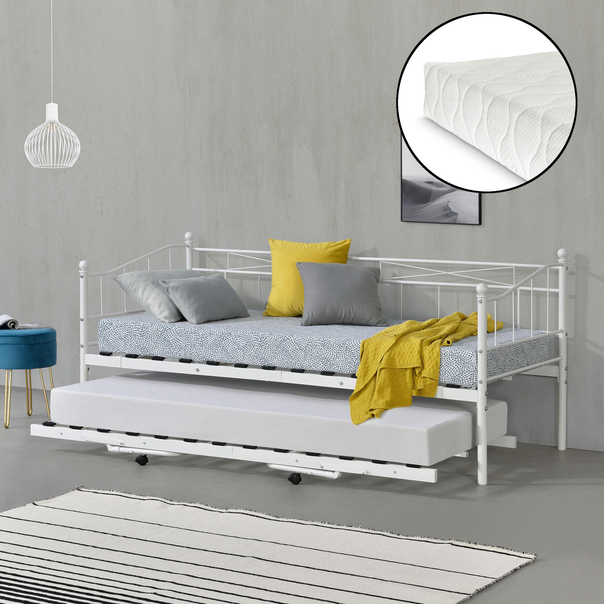 TAGESBETT Skutskär mit 2 Matratzen - Weiß, Textil/Metall (90/200cm) - [en.casa]
