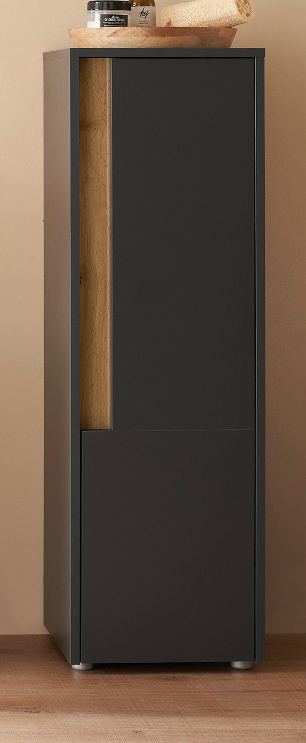 BAD-MIDISCHRANK grau matt, Wotan Eiche, Badmöbel Kommode 34 x 114 cm - Eiche Wotan/Schwarz, Holzwerkstoff/Kunststoff (34/114/34cm) - Furn.Design