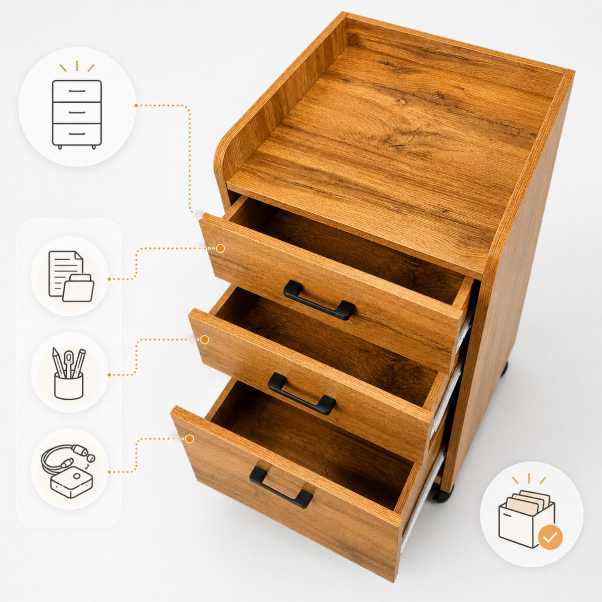 ROLLCONTAINER Holzwerkstoff Eiche Büroschrank 40 x 42 x 72 cm 3 Schubladen auf Rollen - Eichefarben/Schwarz, Holzwerkstoff (42/72/40cm) - Begryf