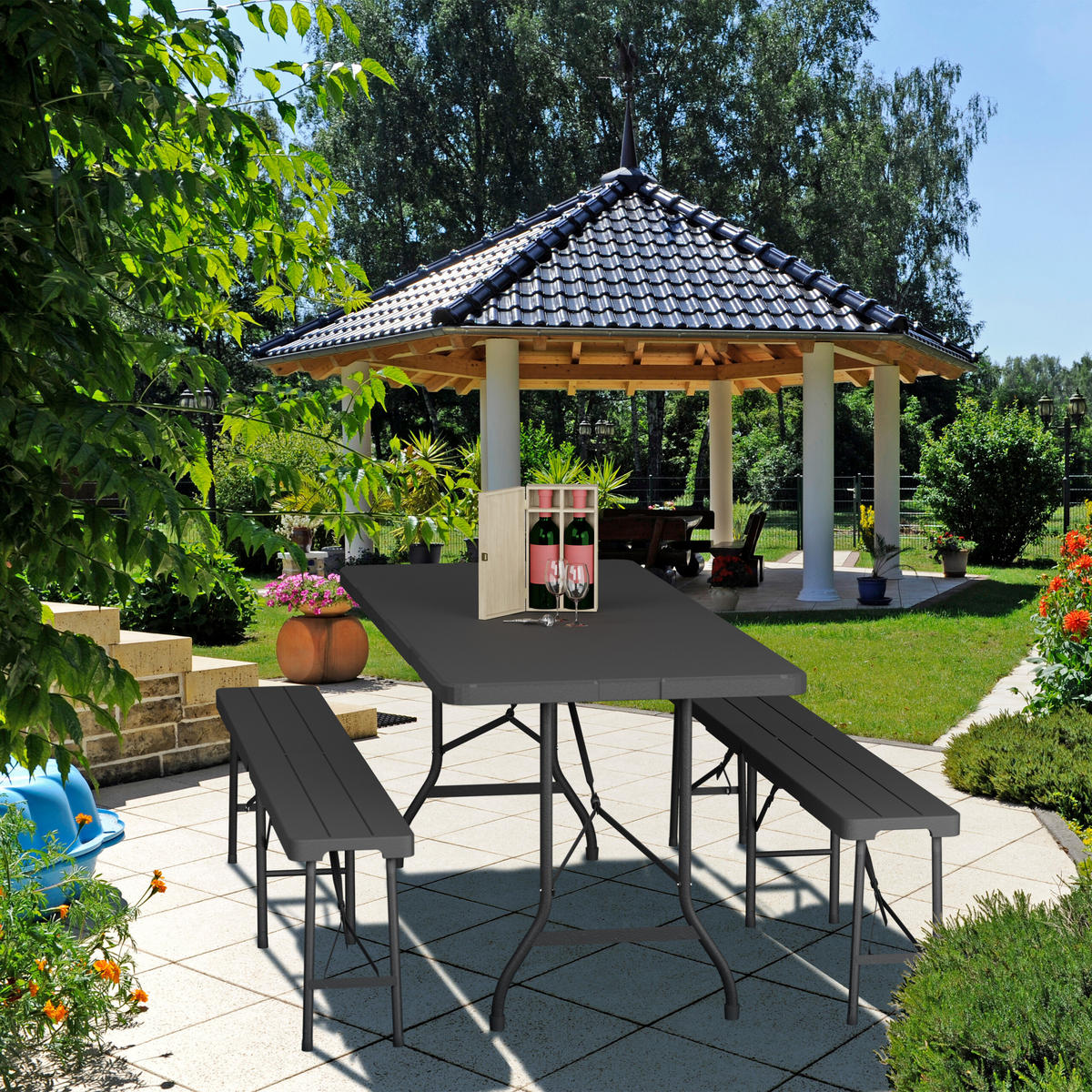 GARTENTISCH - Schwarz, Kunststoff/Metall (74/180/72cm) - Relaxdays