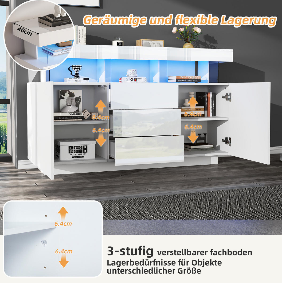SIDEBOARD 140/35/80 cm in Weiß Hochglanz mit 3 Schubladen & LED-Beleuchtung - Weiß, Holzwerkstoff (140/80/35cm) - BEAOK