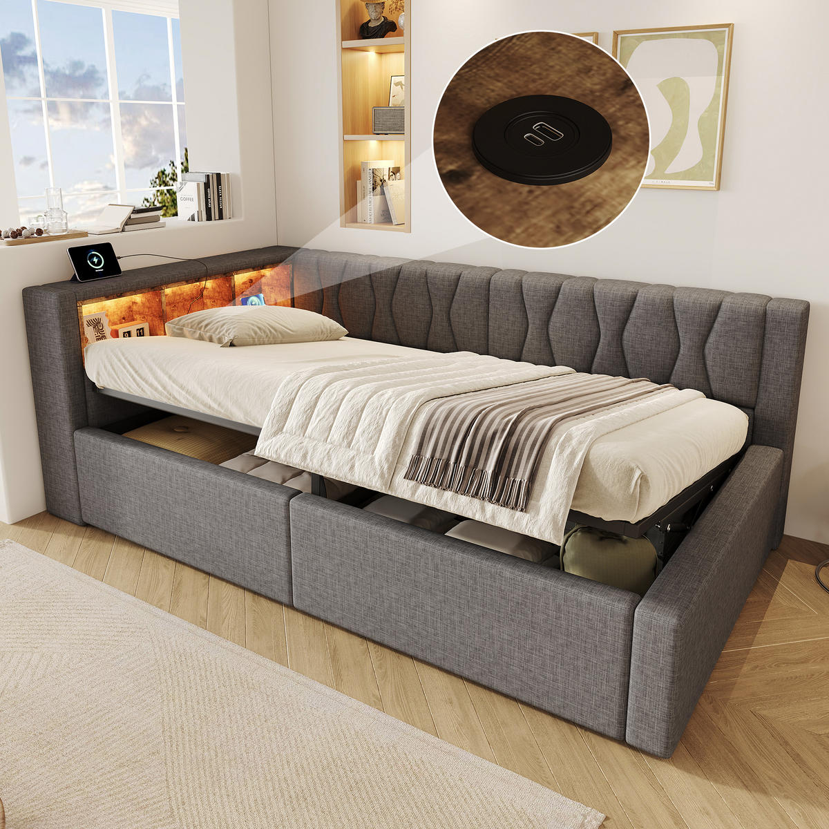 DENNÍ POSTEL 90x200cm Pohovka Úložná LED USB Šedá - šedá, přírodní materiály (90/200cm) - FLIEKS