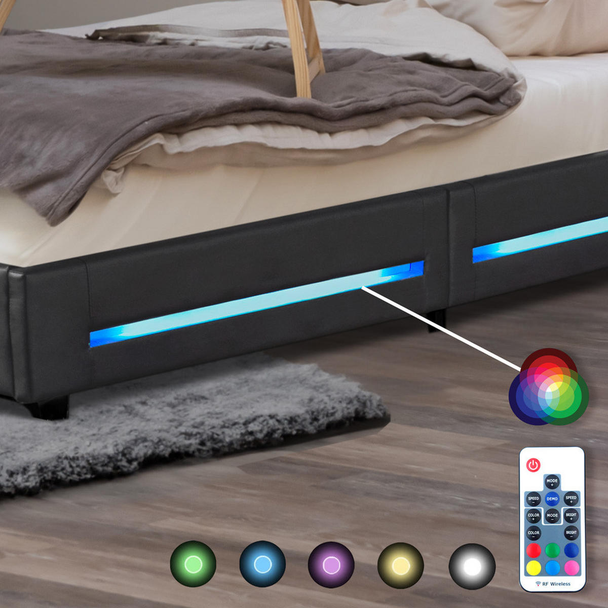 LED BETT ASTEROID - Dunkelgrau, 90 x 200 cm - Dunkelgrau, Kunststoff - Home Deluxe