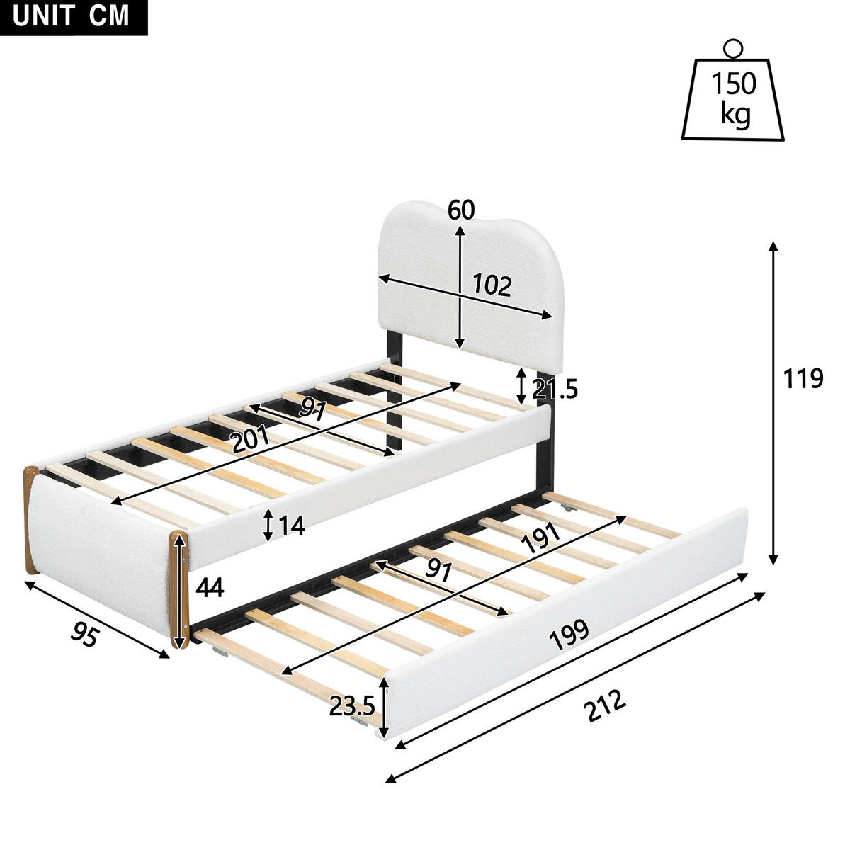 POLSTERBETT 90/200 cm aus Plüsch und MDF mit ausziehbarem Rollbett Weiß - Weiß, Textil (90/200cm) - Modenvie