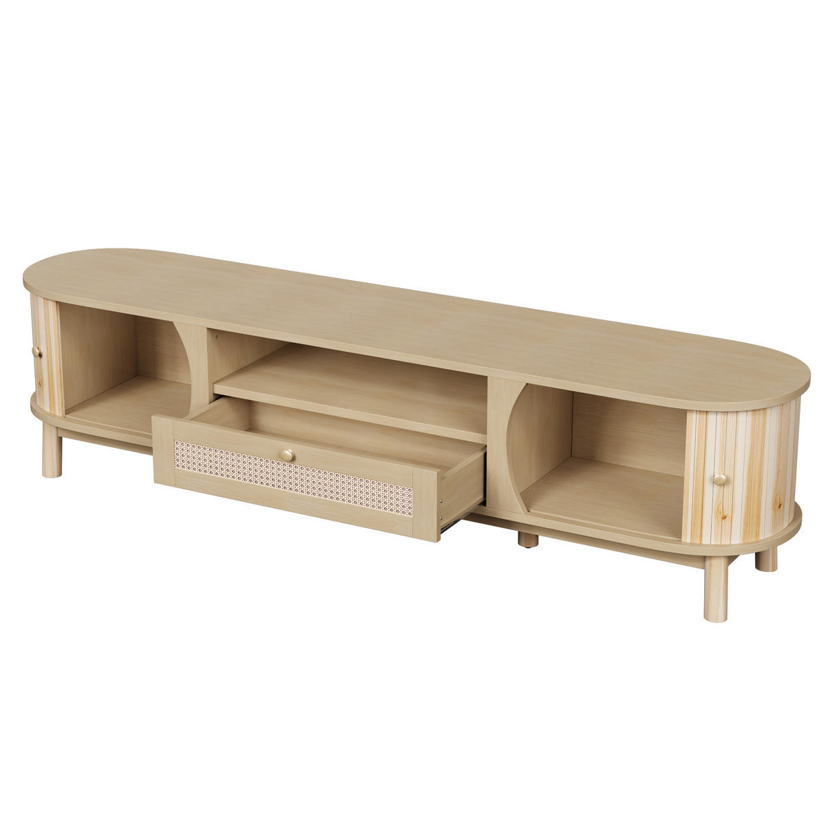 LOWBOARD mit Rattan Türen Schubladen Massivholzfüßen und Stauraum im Landhausstil - Naturfarben, Holzwerkstoff (165/46/37cm) - EVRYAE