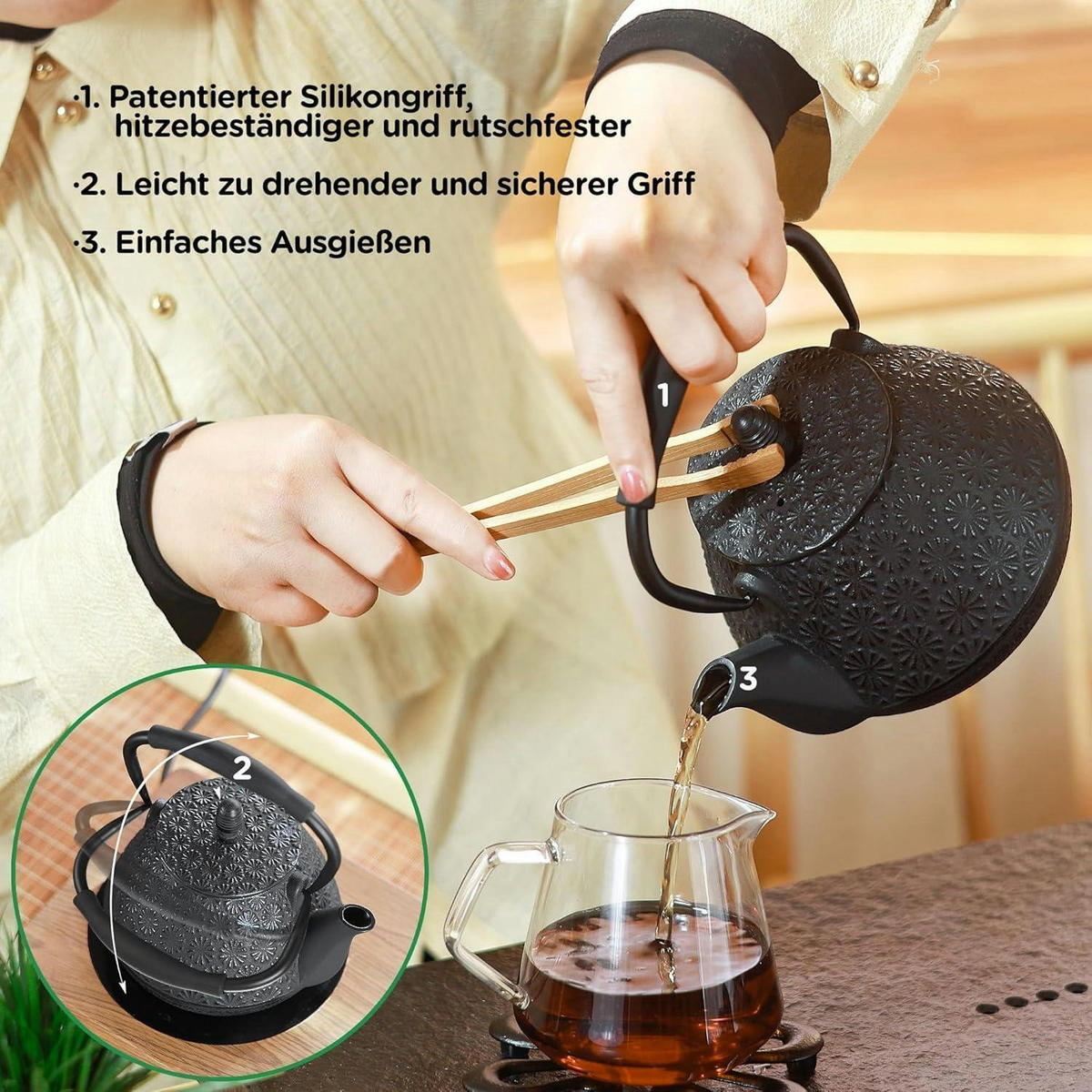 TEEKANNE Gusseisen 950ml Kirschblütenmuster Blau - Türkis, Metall (17/8cm)