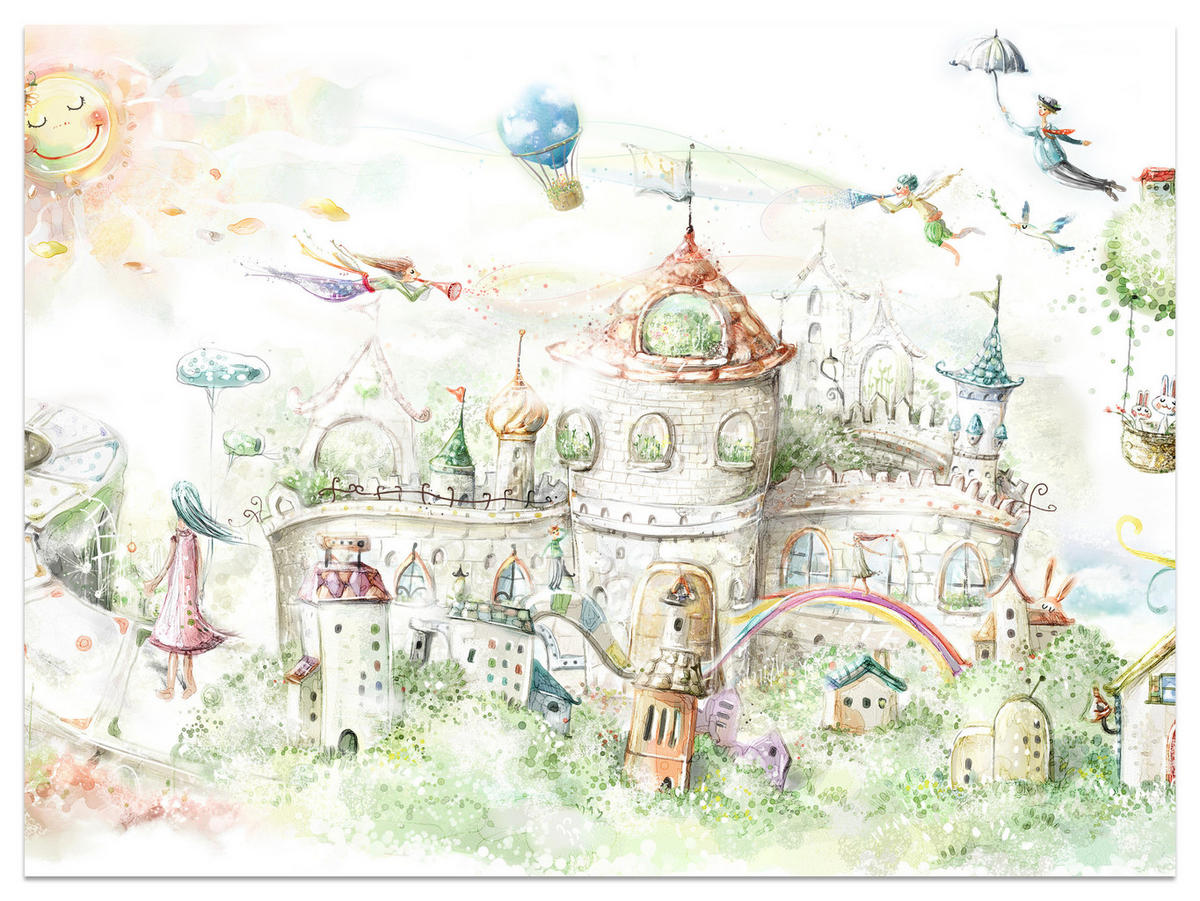 FOTOTAPETE für Kinderzimmer Märchenstadt Schloss Magisch 350x256 - Blau/Gelb, Papier (350/256cm) - Muralo