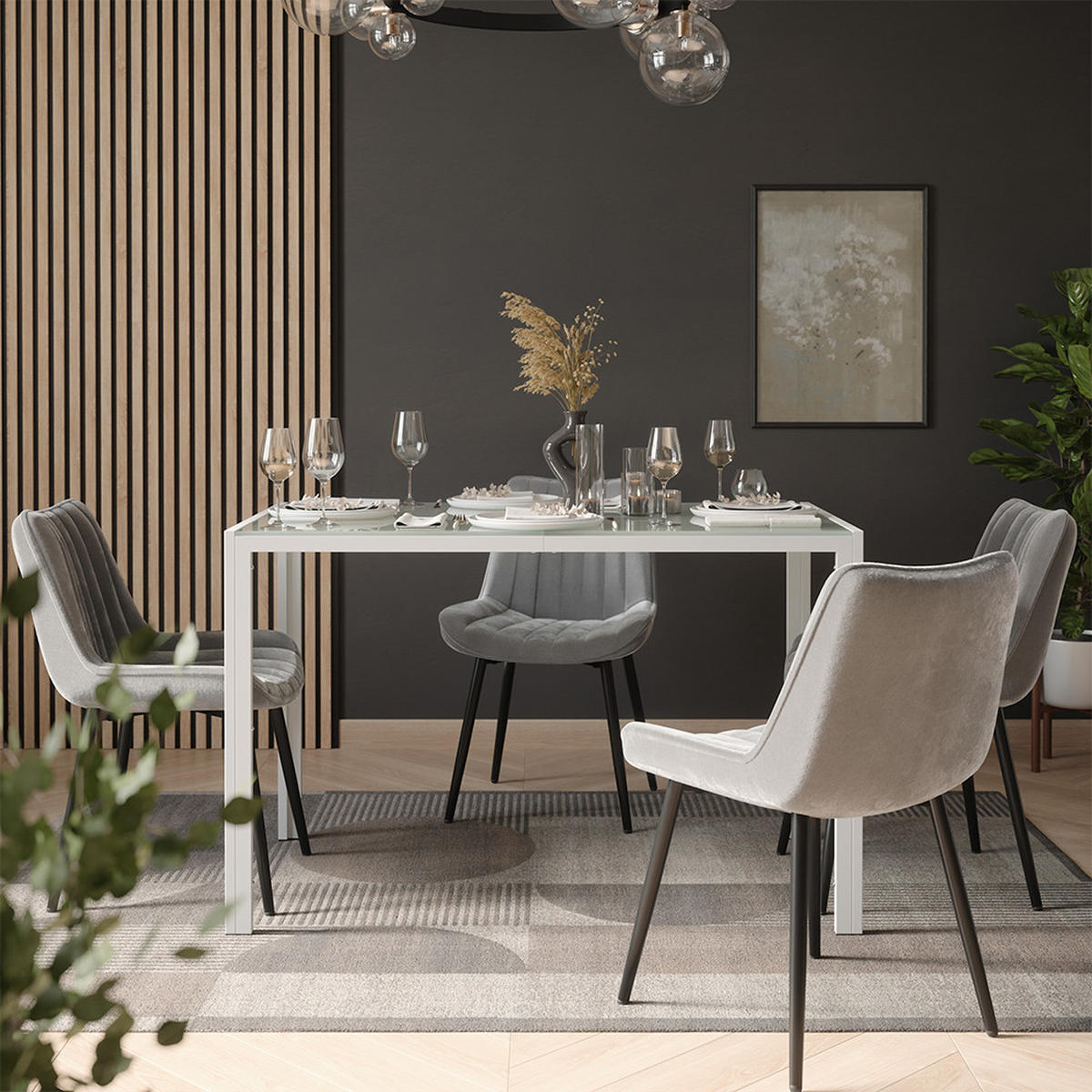 JÍDELNÍ STŮL SESTAVA Grand, Bílá, 120 x 70 cm se 4 židlemi (šedé) - bílá, sklo (120/74.5/70cm) - Vicco