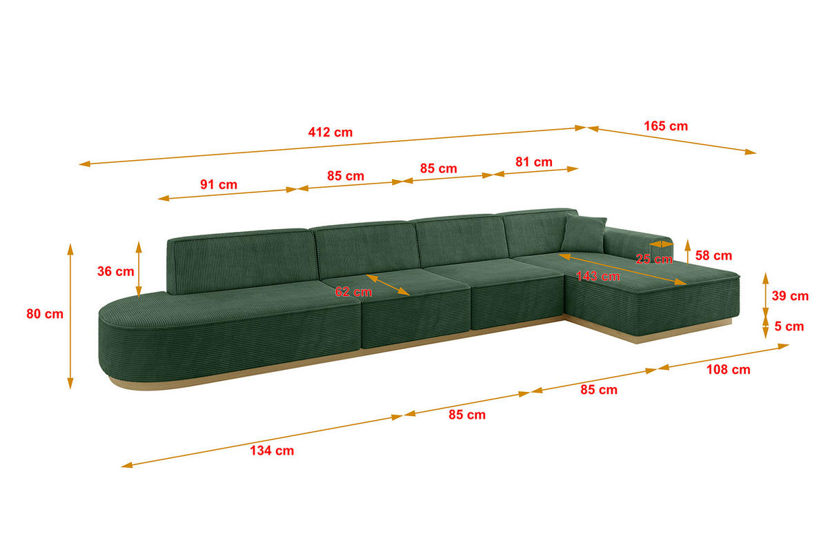 ECKSOFA Ottomane Rechts IREA-L3-v2 - 412x165x80 cm Grün - Currygelb/Olivgrün, Holzwerkstoff/Textil (412/165cm) - ALTDECOR