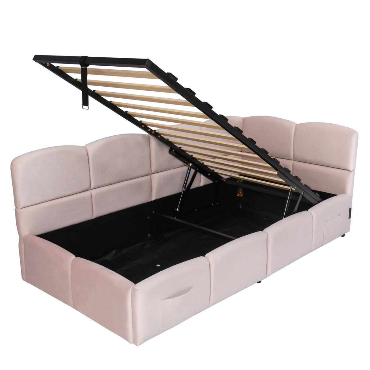 POLSTERBETT aus Samt 90x200 cm in Rosa mit Stauraum & USB - Rosa, Textil (90/200cm) - Modfu