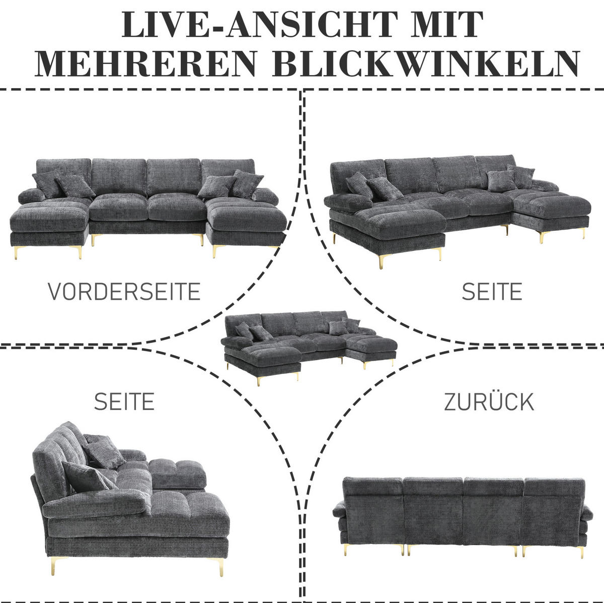 SEDACIA zostava zo ženilky, 272/136/88 cm sivá, tvar U s 2 leňoškami - sivá, textil (136/88/272cm) - BEAOK